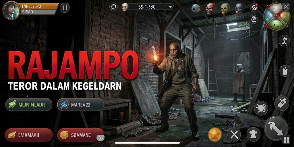 Tampilan gameplay RAJAMPO dengan suasana horor yang mencekam.
