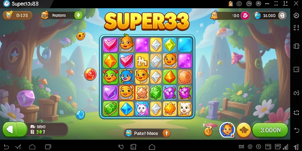 Tampilan papan permainan <strong>SUPER33</strong> dengan permata berwarna-warni dan efek ledakan.