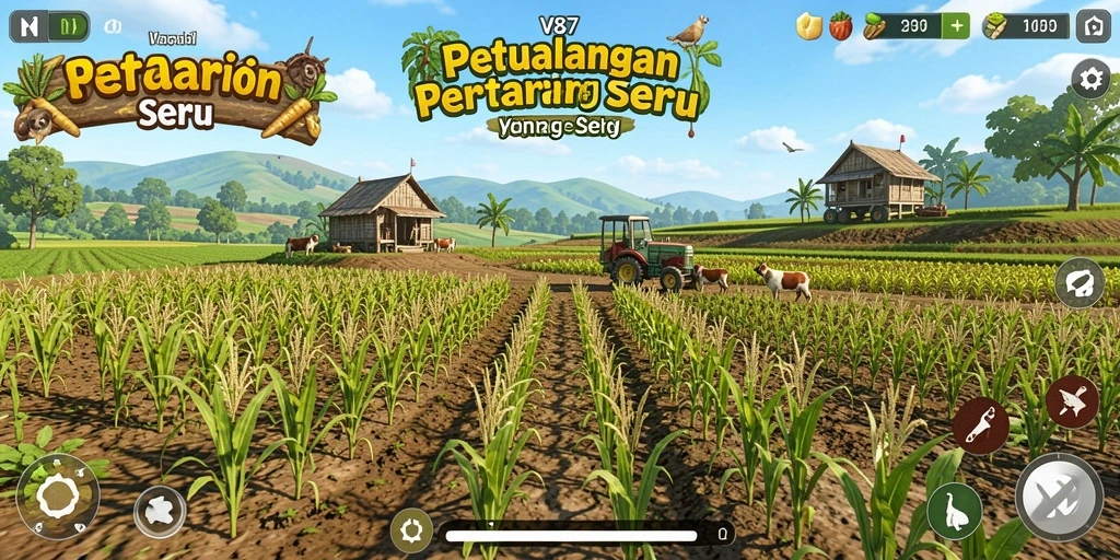 Tangkapan layar gameplay V87 menampilkan suasana ladang yang subur dan penuh warna.